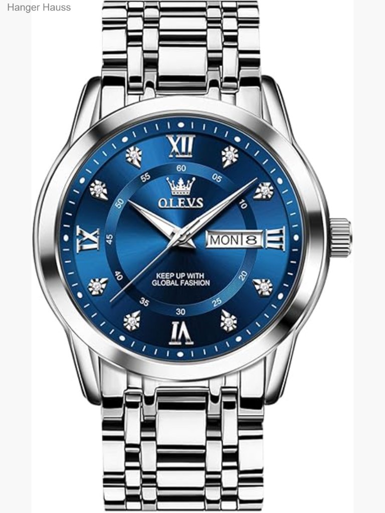 Mens Stainless Steel Watch Day Date Roman Numeral Dial Luminous